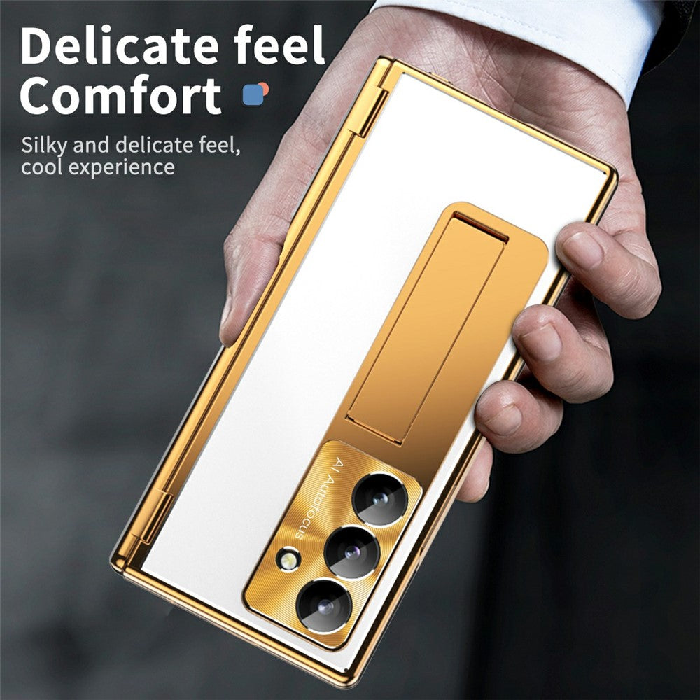 For Samsung Galaxy Z Fold7 5G Case Kickstand Dual Hinge Aluminum Alloy Phone Cover with Tempered Glass Front Film / Stylus - Gold + Silver