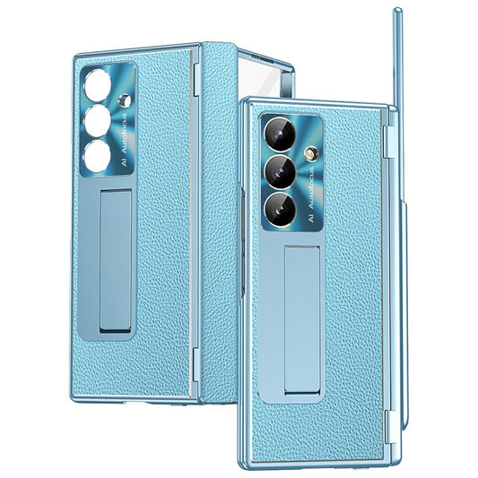 For Samsung Galaxy Z Fold7 5G Case Hinge Protection PU + PC Phone Cover with Tempered Glass Film / Stylus - Blue