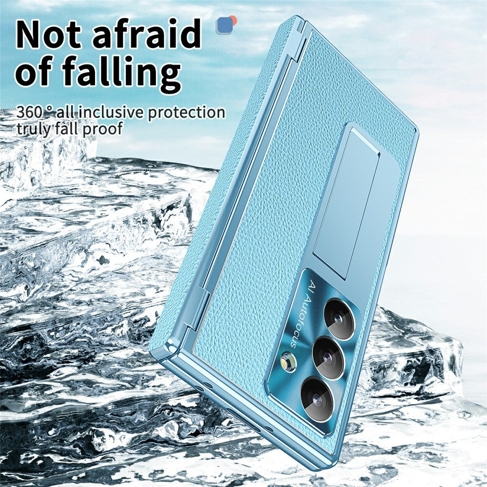 For Samsung Galaxy Z Fold7 5G Case Hinge Protection PU + PC Phone Cover with Tempered Glass Film / Stylus - Blue