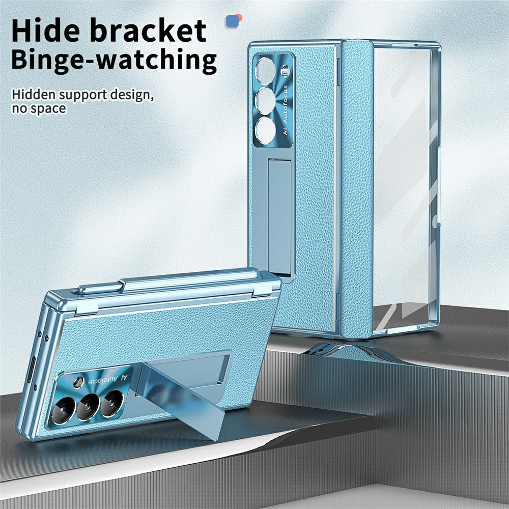 For Samsung Galaxy Z Fold7 5G Case Hinge Protection PU + PC Phone Cover with Tempered Glass Film / Stylus - Blue