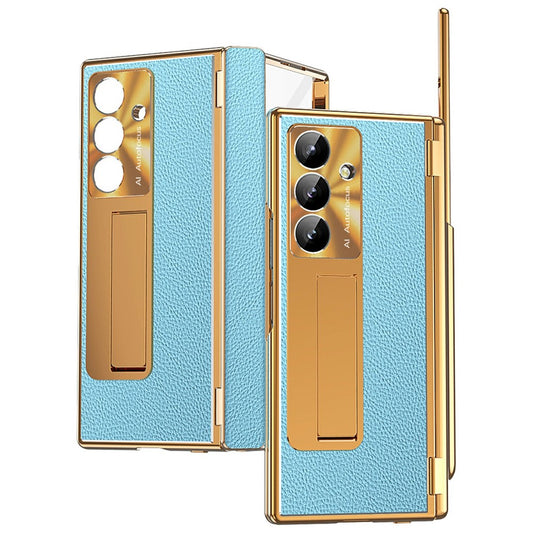 For Samsung Galaxy Z Fold7 5G Case Hinge Protection PU + PC Phone Cover with Tempered Glass Film / Stylus - Gold / Blue