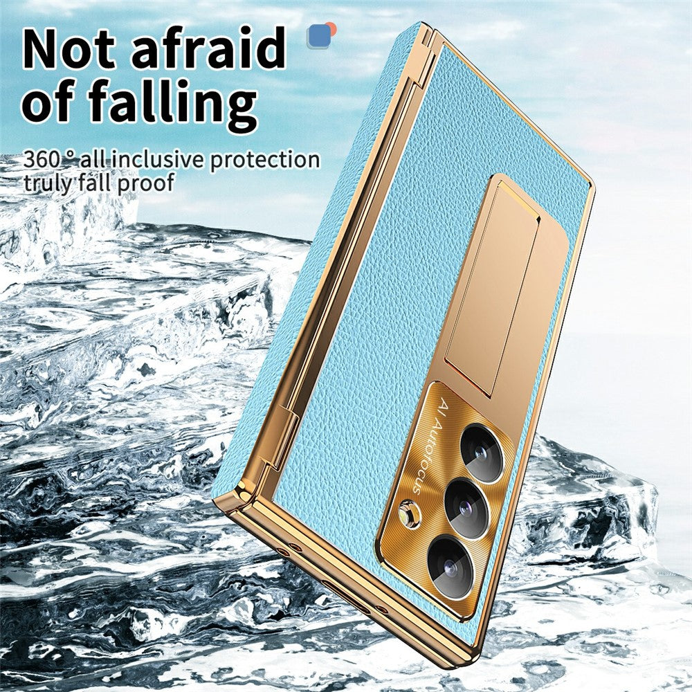 For Samsung Galaxy Z Fold7 5G Case Hinge Protection PU + PC Phone Cover with Tempered Glass Film / Stylus - Gold / Blue