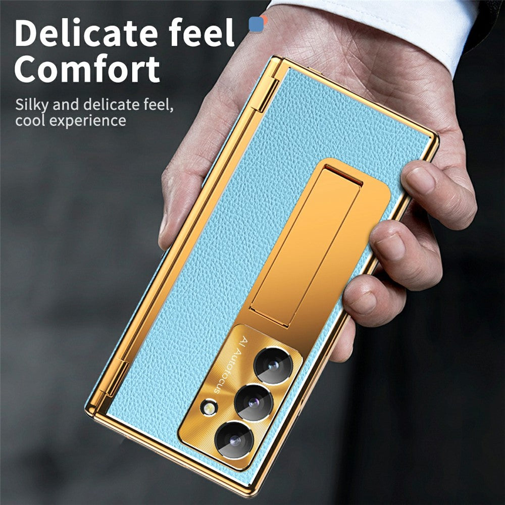 For Samsung Galaxy Z Fold7 5G Case Hinge Protection PU + PC Phone Cover with Tempered Glass Film / Stylus - Gold / Blue