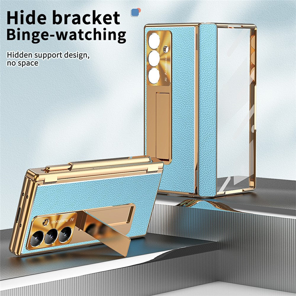 For Samsung Galaxy Z Fold7 5G Case Hinge Protection PU + PC Phone Cover with Tempered Glass Film / Stylus - Gold / Blue