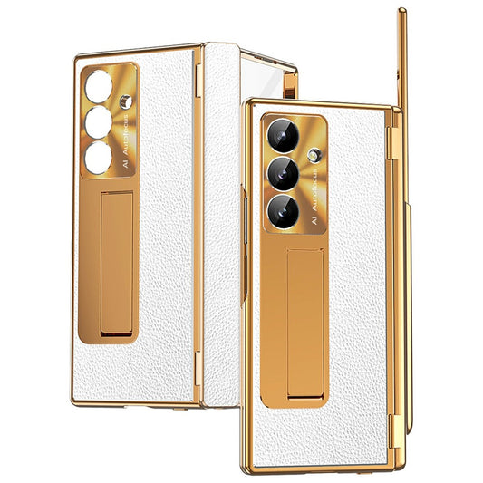For Samsung Galaxy Z Fold7 5G Case Hinge Protection PU + PC Phone Cover with Tempered Glass Film / Stylus - Gold / Silver