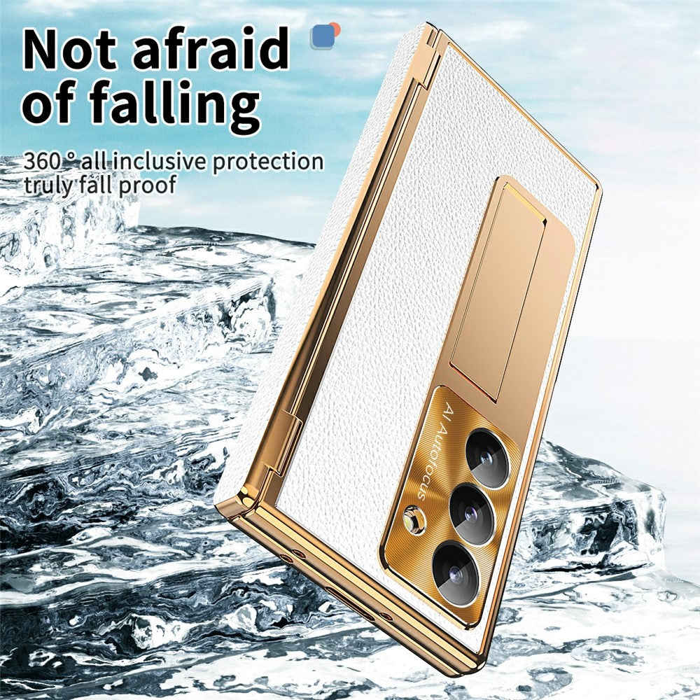 For Samsung Galaxy Z Fold7 5G Case Hinge Protection PU + PC Phone Cover with Tempered Glass Film / Stylus - Gold / Silver
