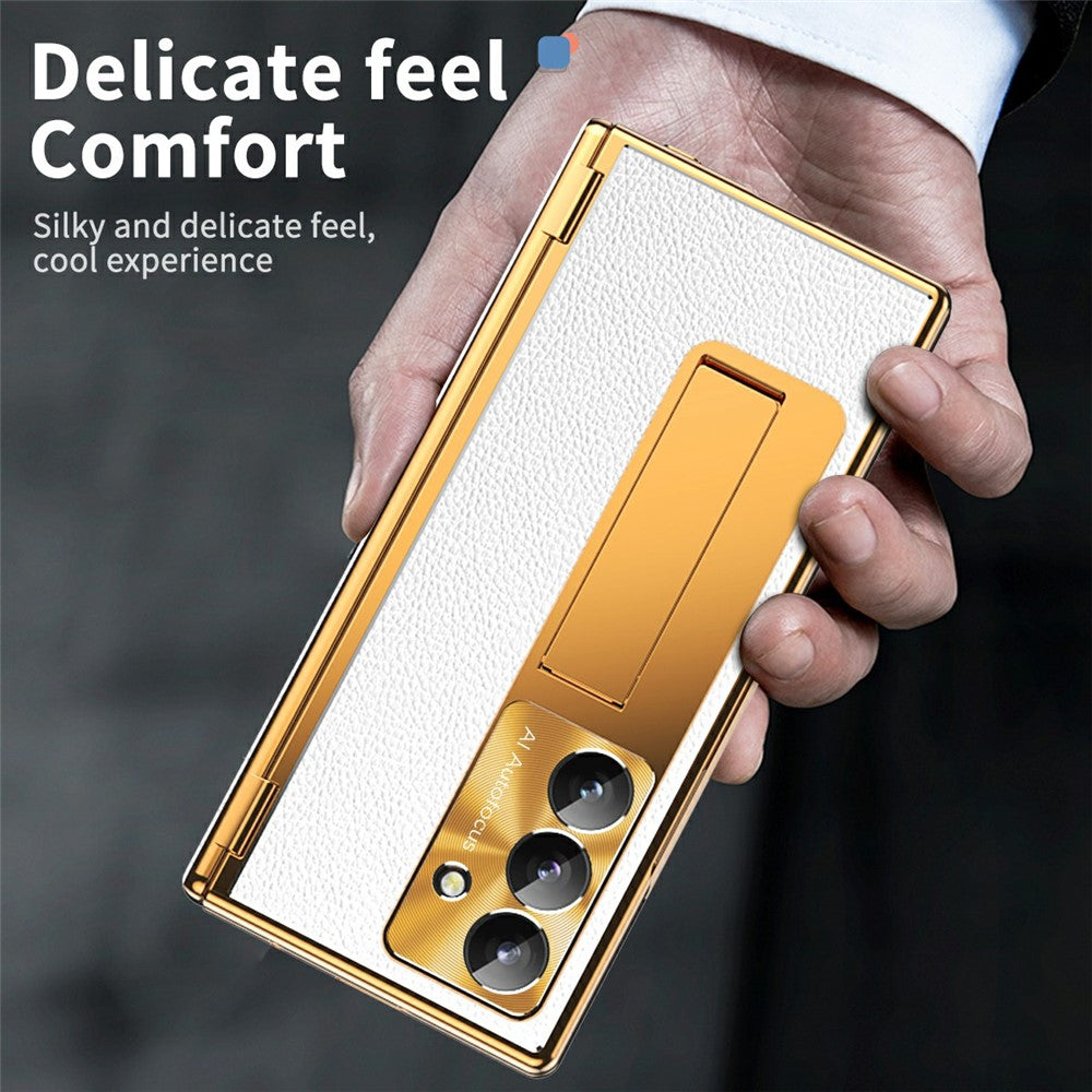 For Samsung Galaxy Z Fold7 5G Case Hinge Protection PU + PC Phone Cover with Tempered Glass Film / Stylus - Gold / Silver