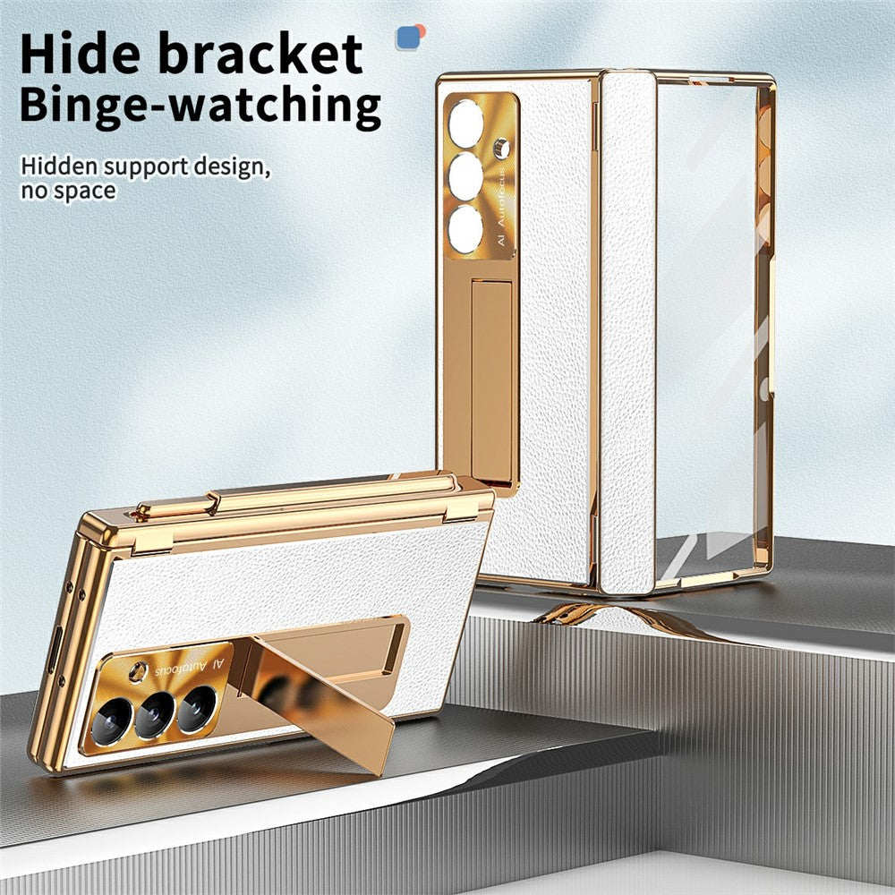 For Samsung Galaxy Z Fold7 5G Case Hinge Protection PU + PC Phone Cover with Tempered Glass Film / Stylus - Gold / Silver