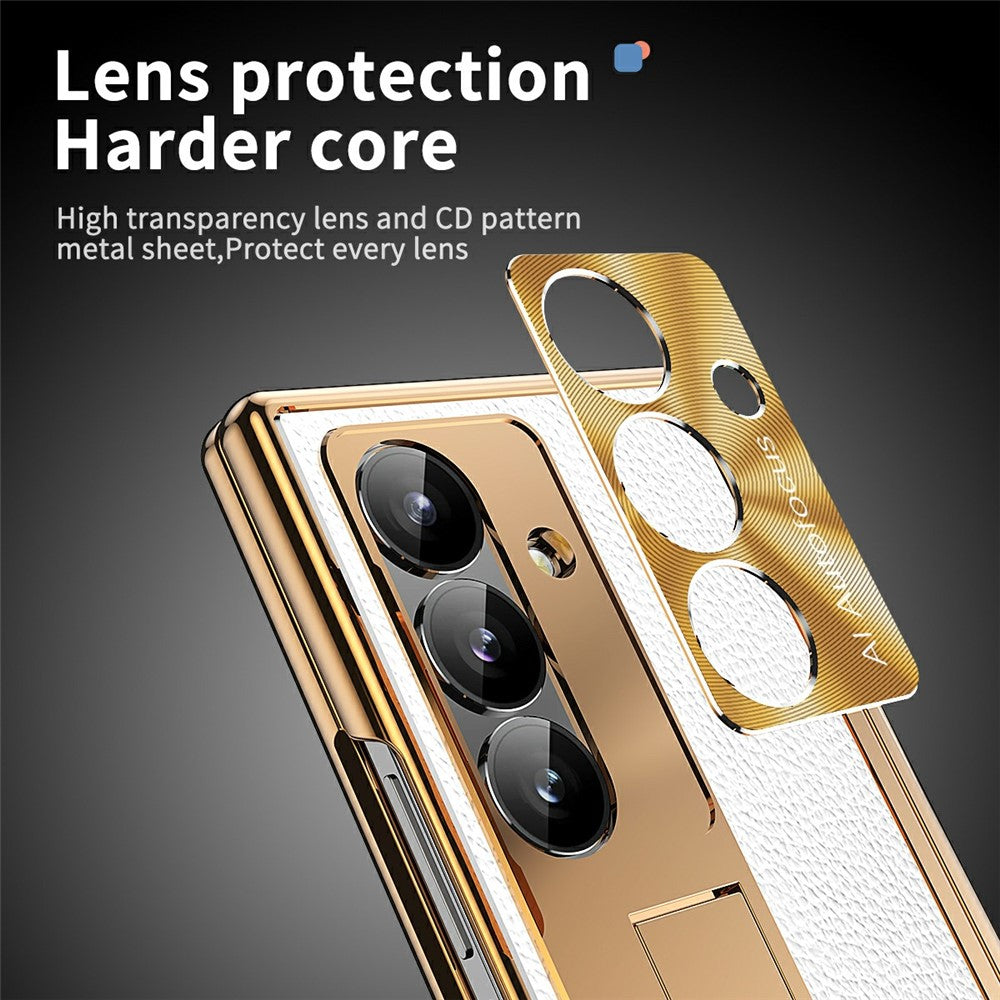 For Samsung Galaxy Z Fold7 5G Case Hinge Protection PU + PC Phone Cover with Tempered Glass Film / Stylus - Gold / Silver