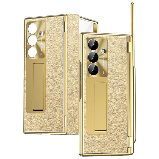 For Samsung Galaxy Z Fold7 5G Case Hinge Protection PU + PC Phone Cover with Tempered Glass Film / Stylus - Gold
