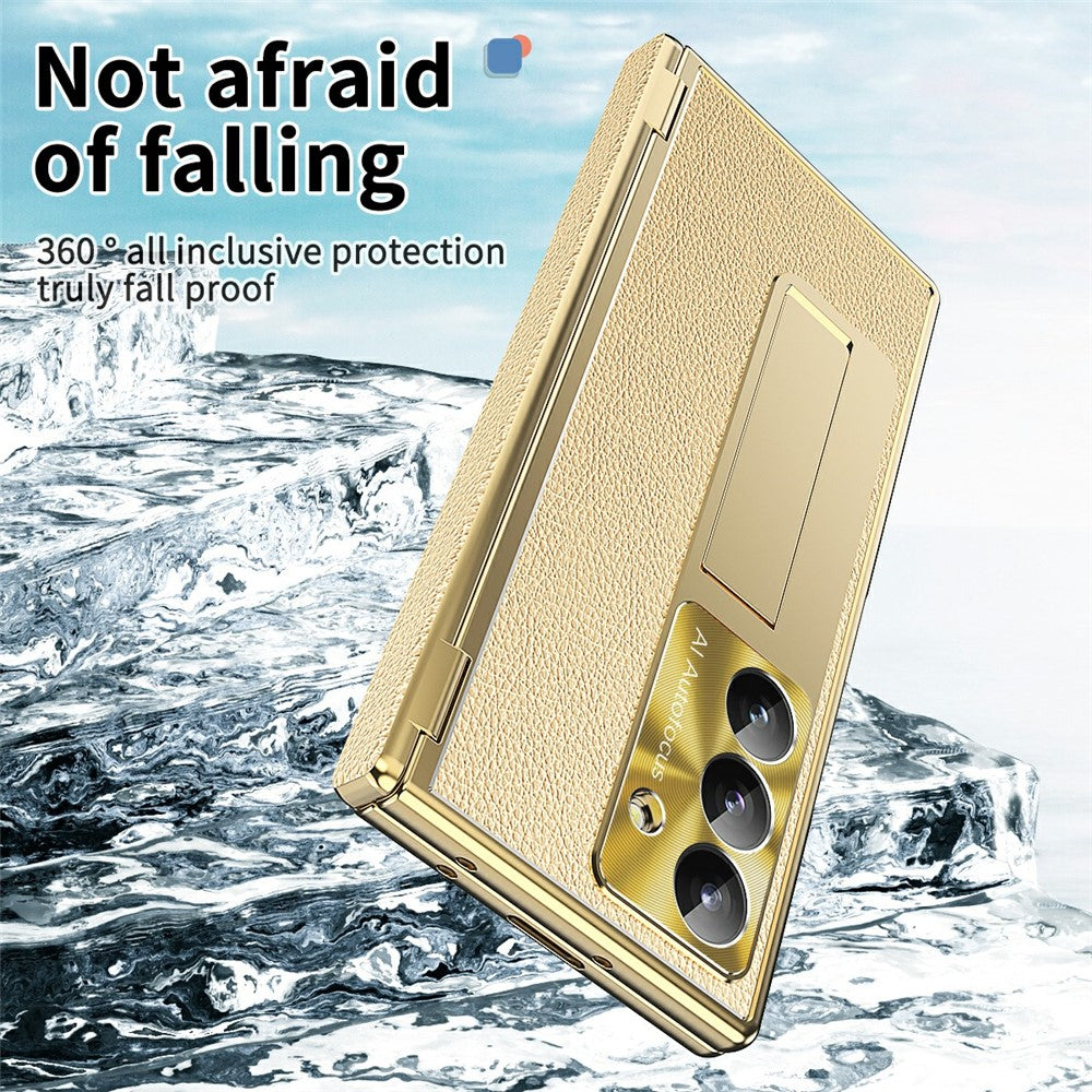For Samsung Galaxy Z Fold7 5G Case Hinge Protection PU + PC Phone Cover with Tempered Glass Film / Stylus - Gold