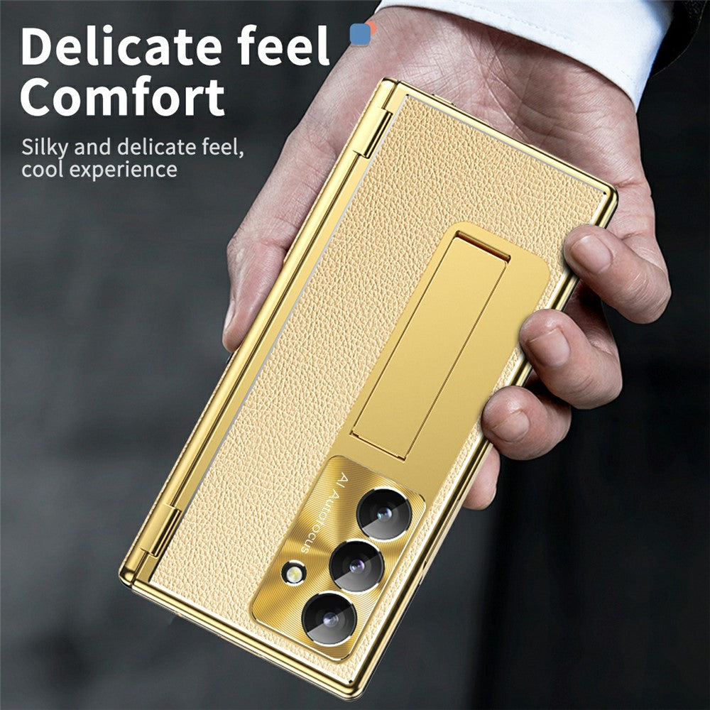 For Samsung Galaxy Z Fold7 5G Case Hinge Protection PU + PC Phone Cover with Tempered Glass Film / Stylus - Gold