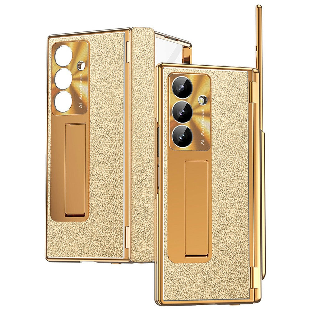 For Samsung Galaxy Z Fold7 5G Case Hinge Protection PU + PC Phone Cover with Tempered Glass Film / Stylus - Gold / Gold