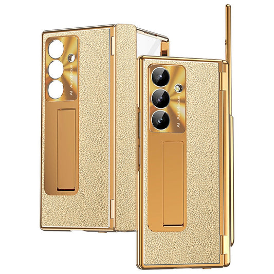 For Samsung Galaxy Z Fold7 5G Case Hinge Protection PU + PC Phone Cover with Tempered Glass Film / Stylus - Gold / Gold