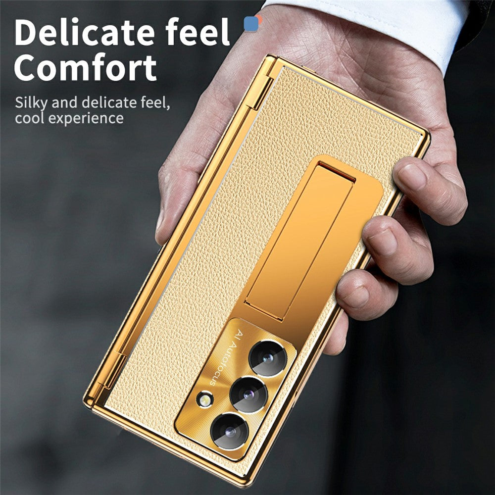 For Samsung Galaxy Z Fold7 5G Case Hinge Protection PU + PC Phone Cover with Tempered Glass Film / Stylus - Gold / Gold