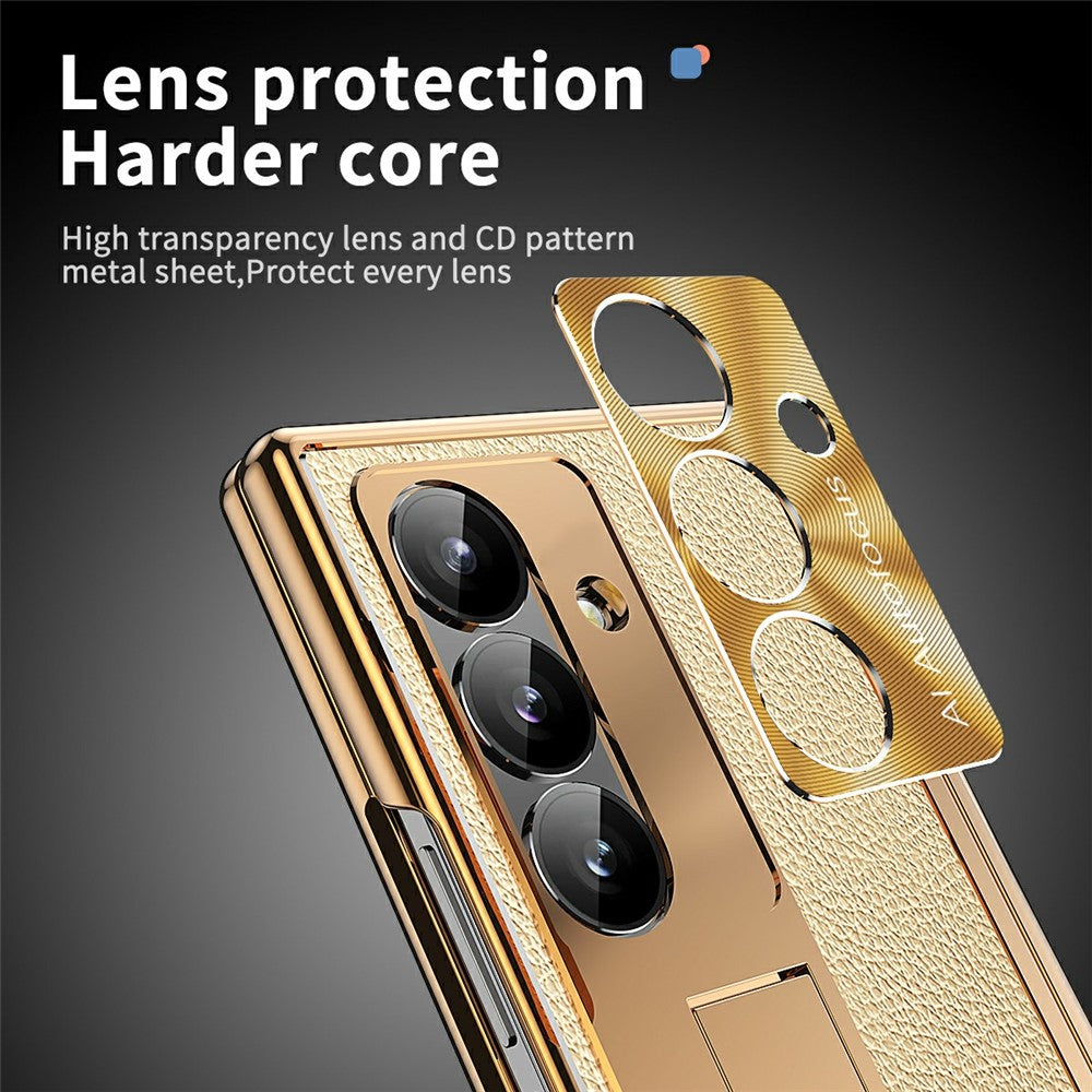 For Samsung Galaxy Z Fold7 5G Case Hinge Protection PU + PC Phone Cover with Tempered Glass Film / Stylus - Gold / Gold