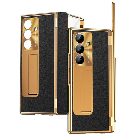 For Samsung Galaxy Z Fold7 5G Case Hinge Protection PU + PC Phone Cover with Tempered Glass Film / Stylus - Gold / Black