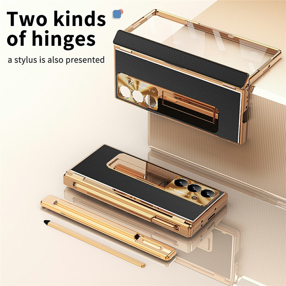 For Samsung Galaxy Z Fold7 5G Case Hinge Protection PU + PC Phone Cover with Tempered Glass Film / Stylus - Gold / Black
