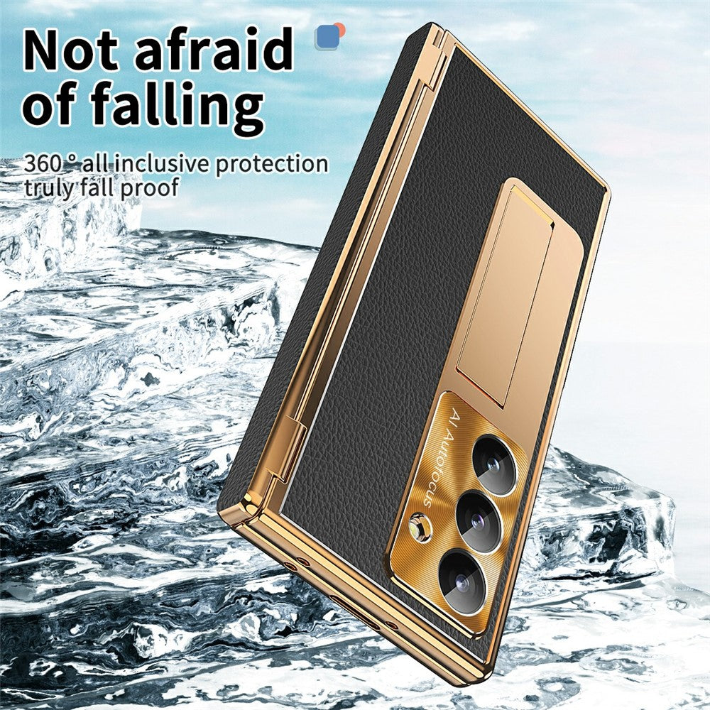For Samsung Galaxy Z Fold7 5G Case Hinge Protection PU + PC Phone Cover with Tempered Glass Film / Stylus - Gold / Black