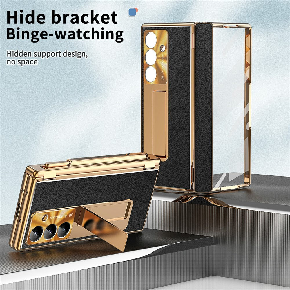 For Samsung Galaxy Z Fold7 5G Case Hinge Protection PU + PC Phone Cover with Tempered Glass Film / Stylus - Gold / Black