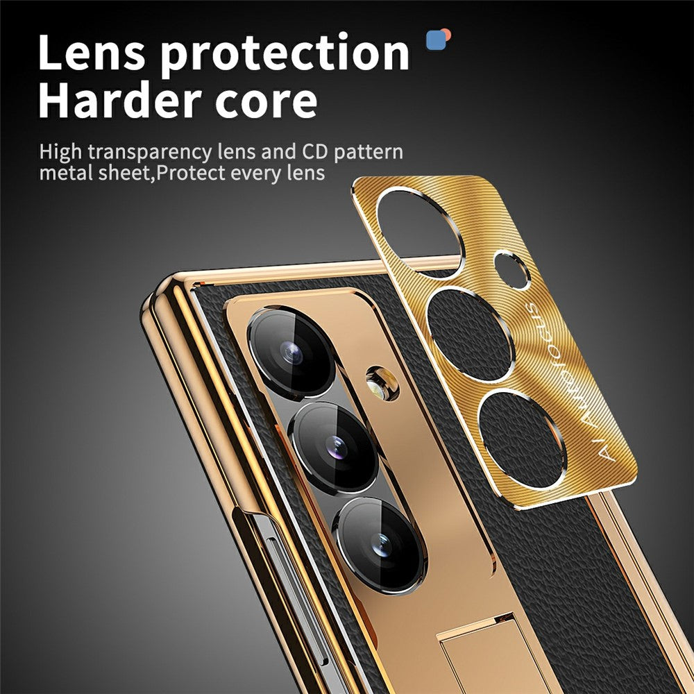 For Samsung Galaxy Z Fold7 5G Case Hinge Protection PU + PC Phone Cover with Tempered Glass Film / Stylus - Gold / Black