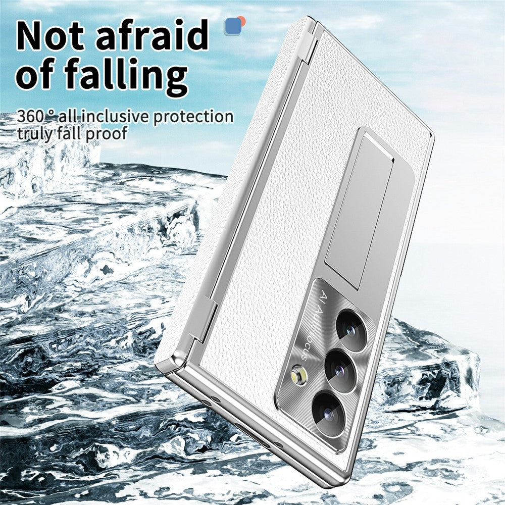 For Samsung Galaxy Z Fold7 5G Case Hinge Protection PU + PC Phone Cover with Tempered Glass Film / Stylus - Silver