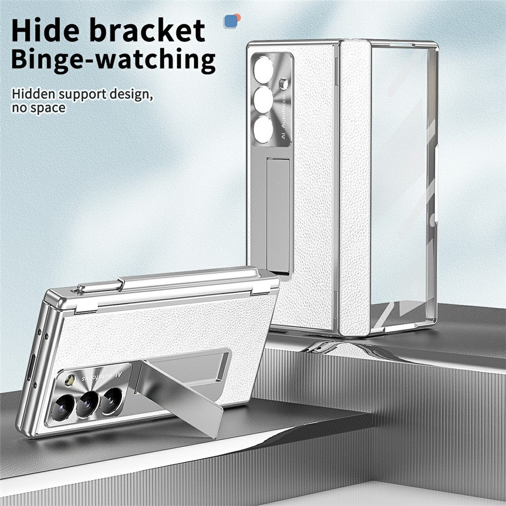 For Samsung Galaxy Z Fold7 5G Case Hinge Protection PU + PC Phone Cover with Tempered Glass Film / Stylus - Silver