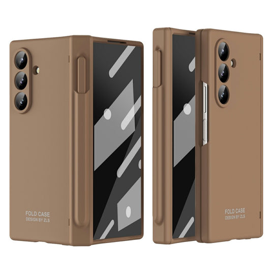 For Samsung Galaxy Z Fold7 5G Case Folding PC Phone Cover with Stylus / Tempered Glass Film - Brown