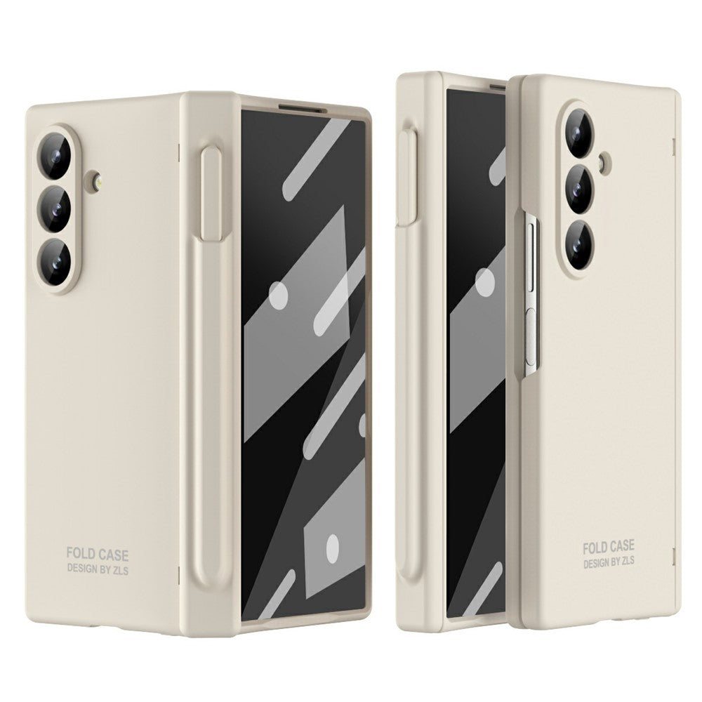 For Samsung Galaxy Z Fold7 5G Case Folding PC Phone Cover with Stylus / Tempered Glass Film - Beige