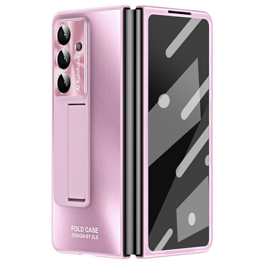For Samsung Galaxy Z Fold7 5G Case Kickstand Matte PC Phone Cover with Tempered Glass Film - Pink