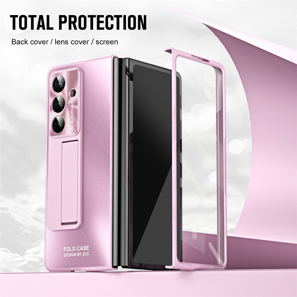 For Samsung Galaxy Z Fold7 5G Case Kickstand Matte PC Phone Cover with Tempered Glass Film - Pink
