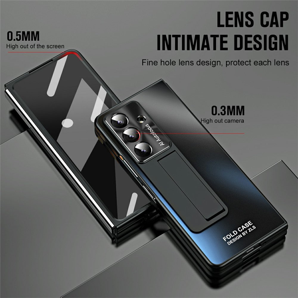 For Samsung Galaxy Z Fold7 5G Case Kickstand Matte PC Phone Cover with Tempered Glass Film - Black