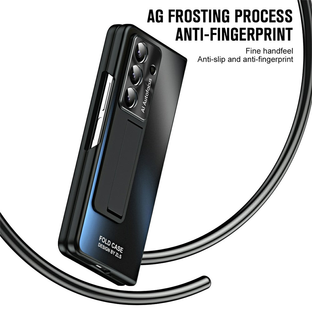 For Samsung Galaxy Z Fold7 5G Case Kickstand Matte PC Phone Cover with Tempered Glass Film - Black