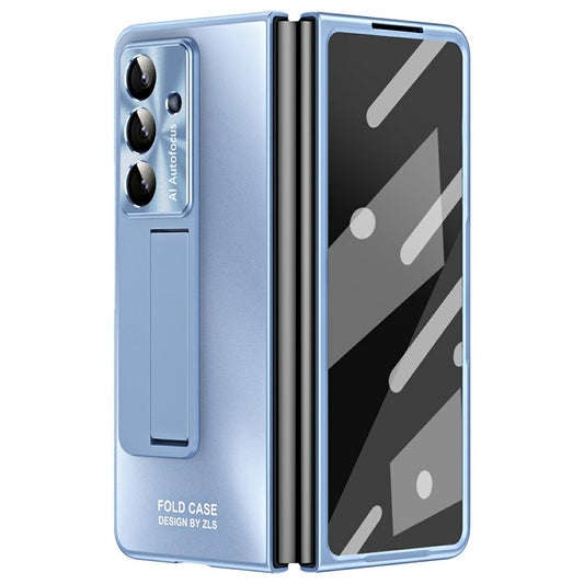 For Samsung Galaxy Z Fold7 5G Case Kickstand Matte PC Phone Cover with Tempered Glass Film - Blue