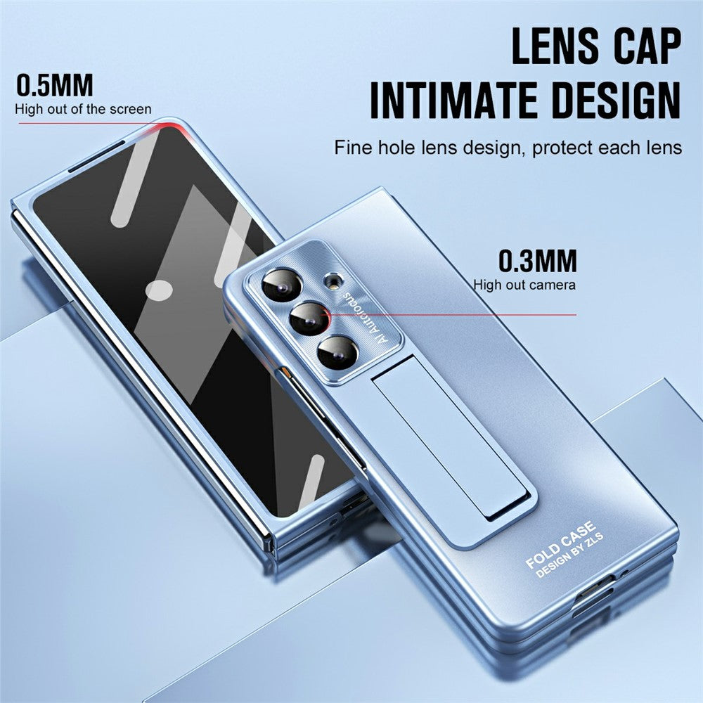 For Samsung Galaxy Z Fold7 5G Case Kickstand Matte PC Phone Cover with Tempered Glass Film - Blue