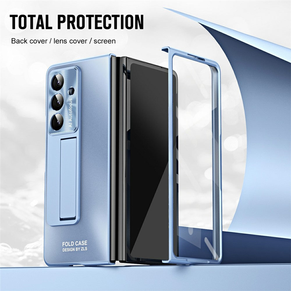 For Samsung Galaxy Z Fold7 5G Case Kickstand Matte PC Phone Cover with Tempered Glass Film - Blue