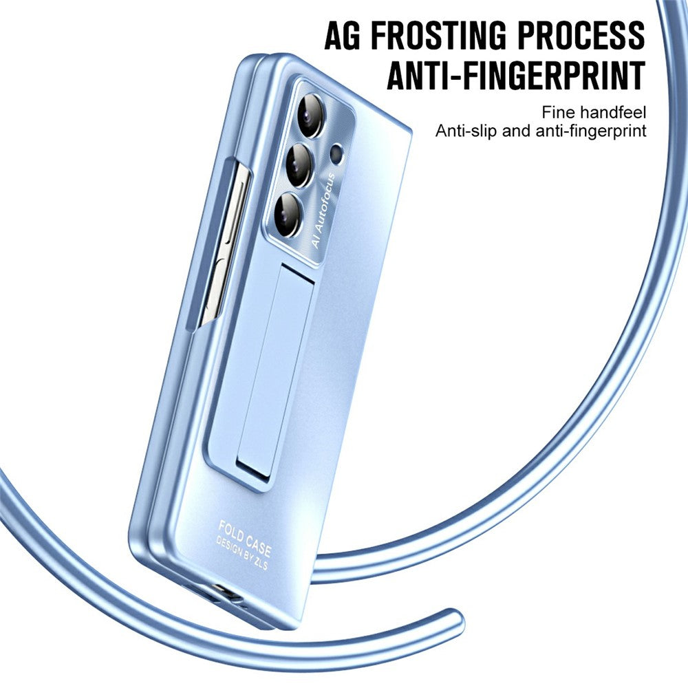 For Samsung Galaxy Z Fold7 5G Case Kickstand Matte PC Phone Cover with Tempered Glass Film - Blue