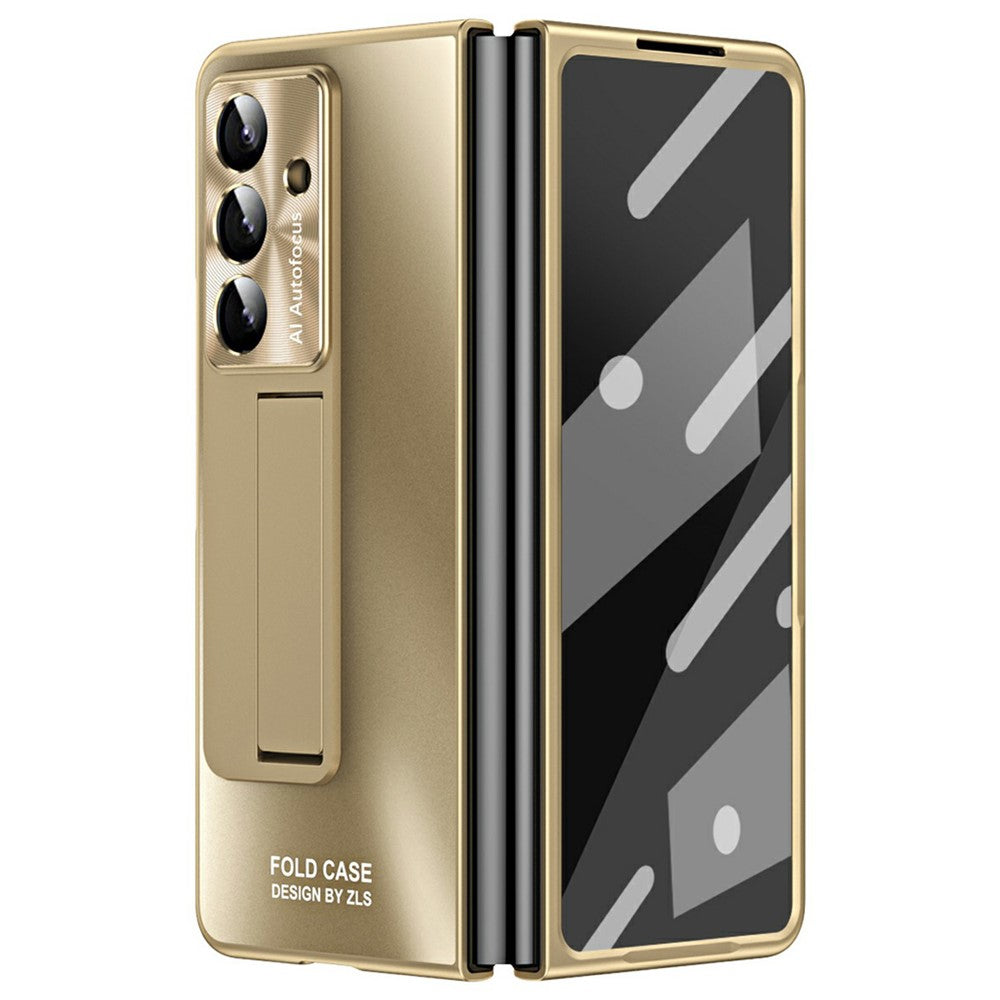 For Samsung Galaxy Z Fold7 5G Case Kickstand Matte PC Phone Cover with Tempered Glass Film - Champagne Gold
