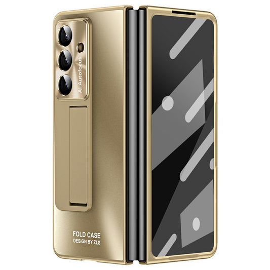 For Samsung Galaxy Z Fold7 5G Case Kickstand Matte PC Phone Cover with Tempered Glass Film - Champagne Gold