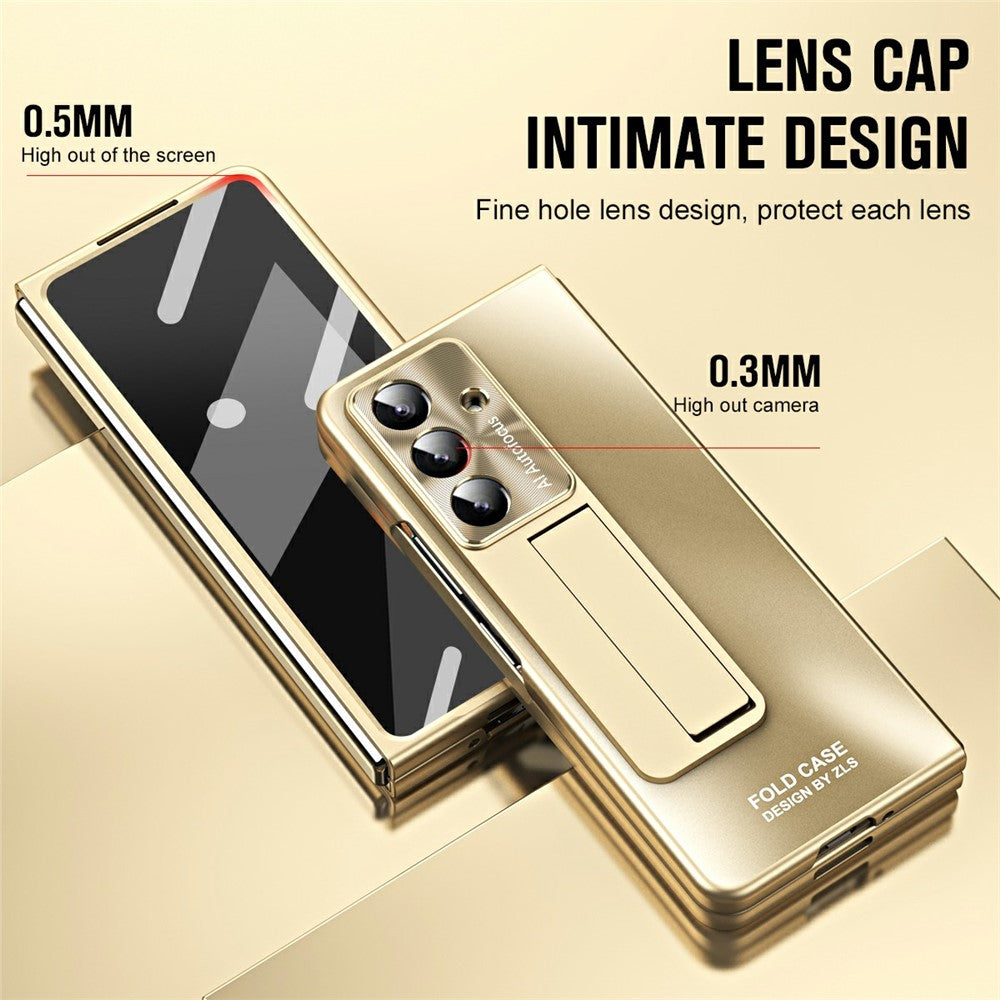 For Samsung Galaxy Z Fold7 5G Case Kickstand Matte PC Phone Cover with Tempered Glass Film - Champagne Gold