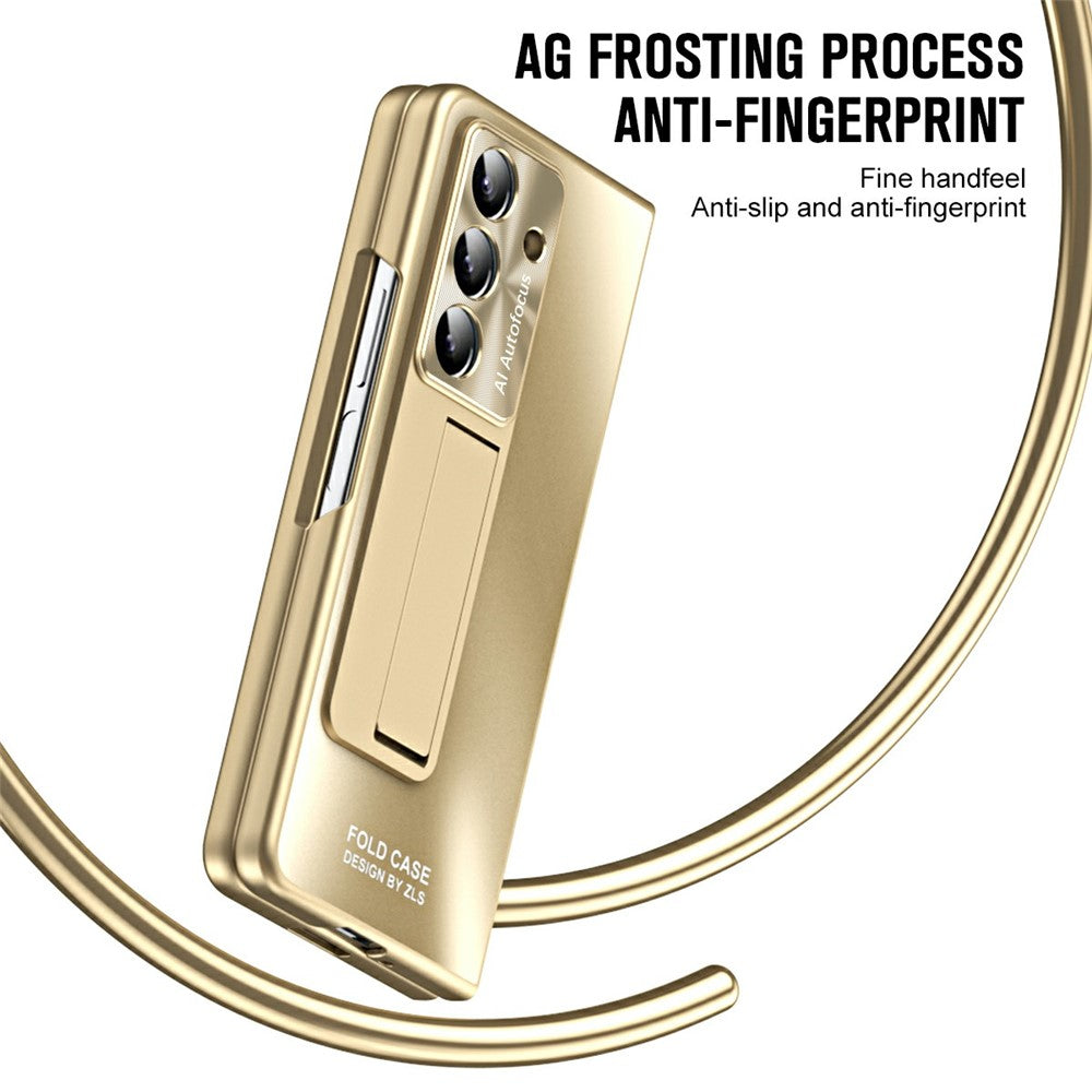 For Samsung Galaxy Z Fold7 5G Case Kickstand Matte PC Phone Cover with Tempered Glass Film - Champagne Gold
