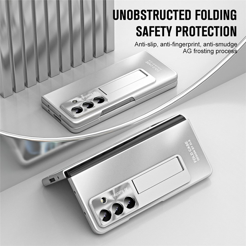 For Samsung Galaxy Z Fold7 5G Case Kickstand Matte PC Phone Cover with Tempered Glass Film - Silver