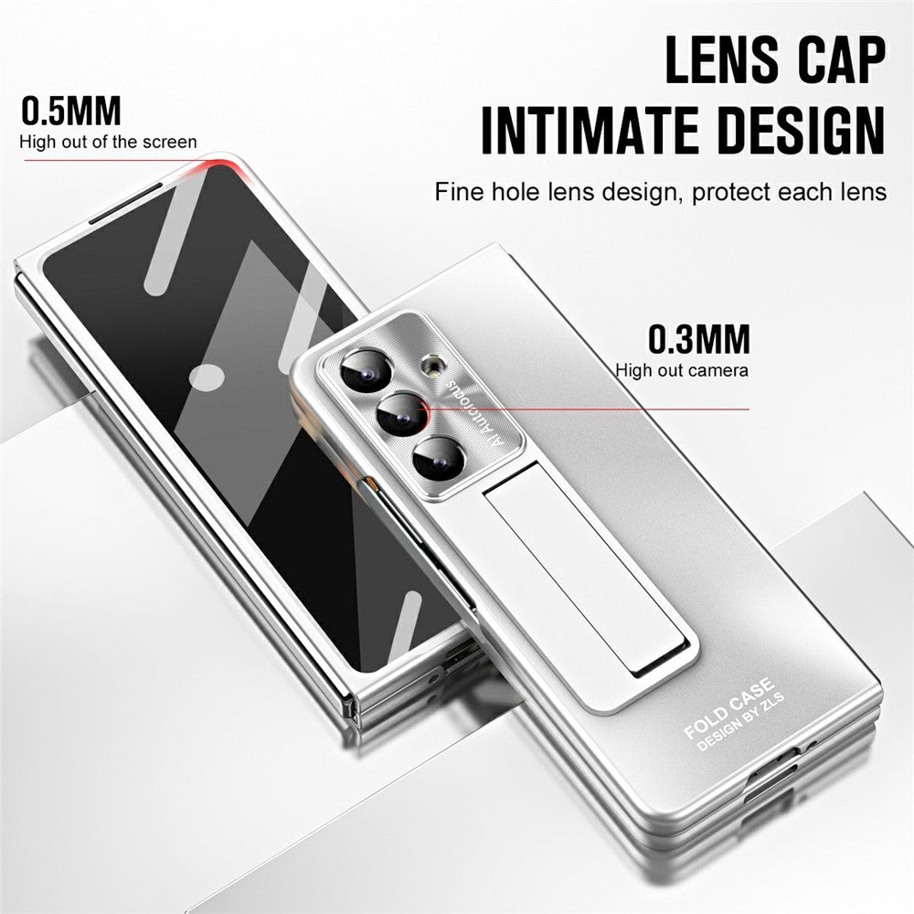 For Samsung Galaxy Z Fold7 5G Case Kickstand Matte PC Phone Cover with Tempered Glass Film - Silver