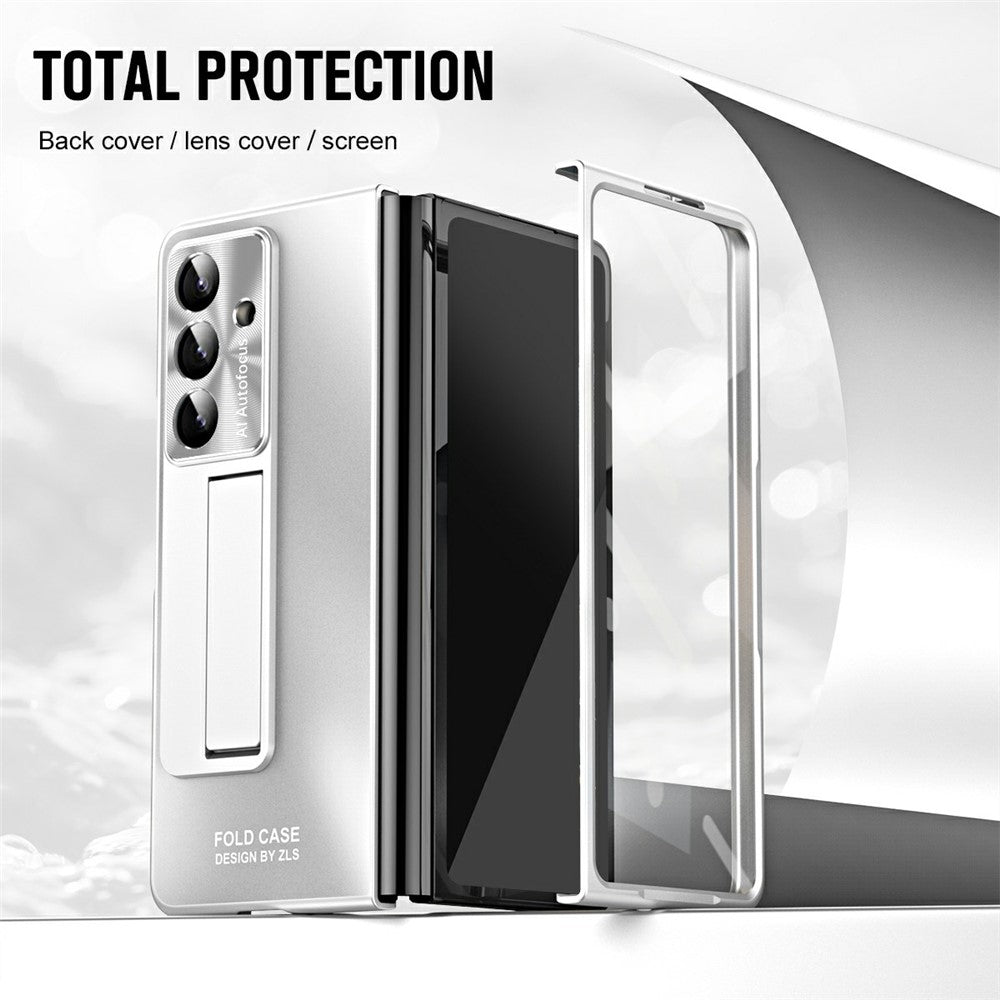 For Samsung Galaxy Z Fold7 5G Case Kickstand Matte PC Phone Cover with Tempered Glass Film - Silver