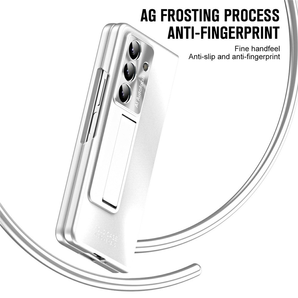 For Samsung Galaxy Z Fold7 5G Case Kickstand Matte PC Phone Cover with Tempered Glass Film - Silver