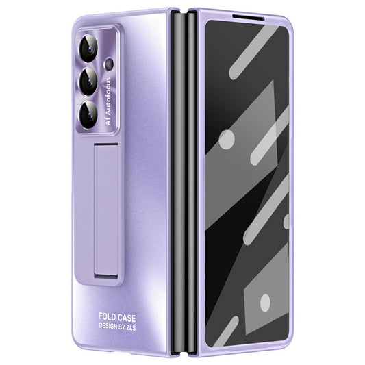 For Samsung Galaxy Z Fold7 5G Case Kickstand Matte PC Phone Cover with Tempered Glass Film - Purple