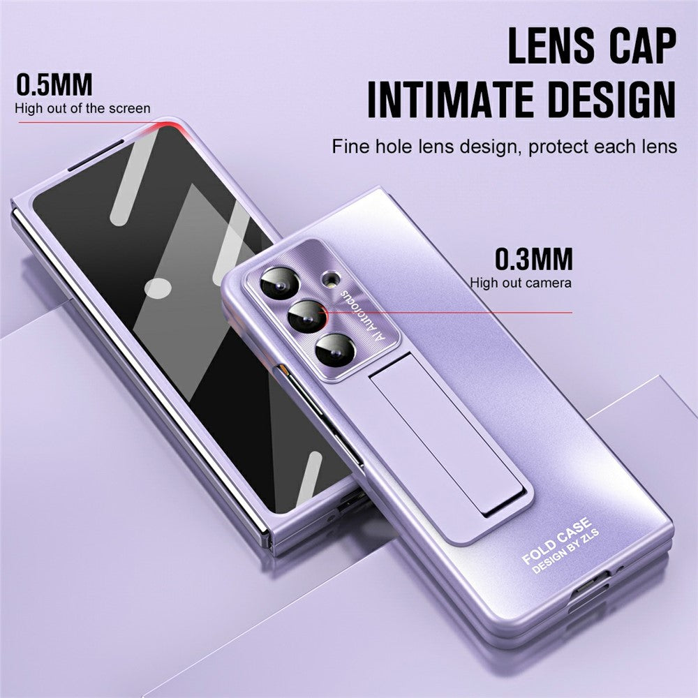 For Samsung Galaxy Z Fold7 5G Case Kickstand Matte PC Phone Cover with Tempered Glass Film - Purple