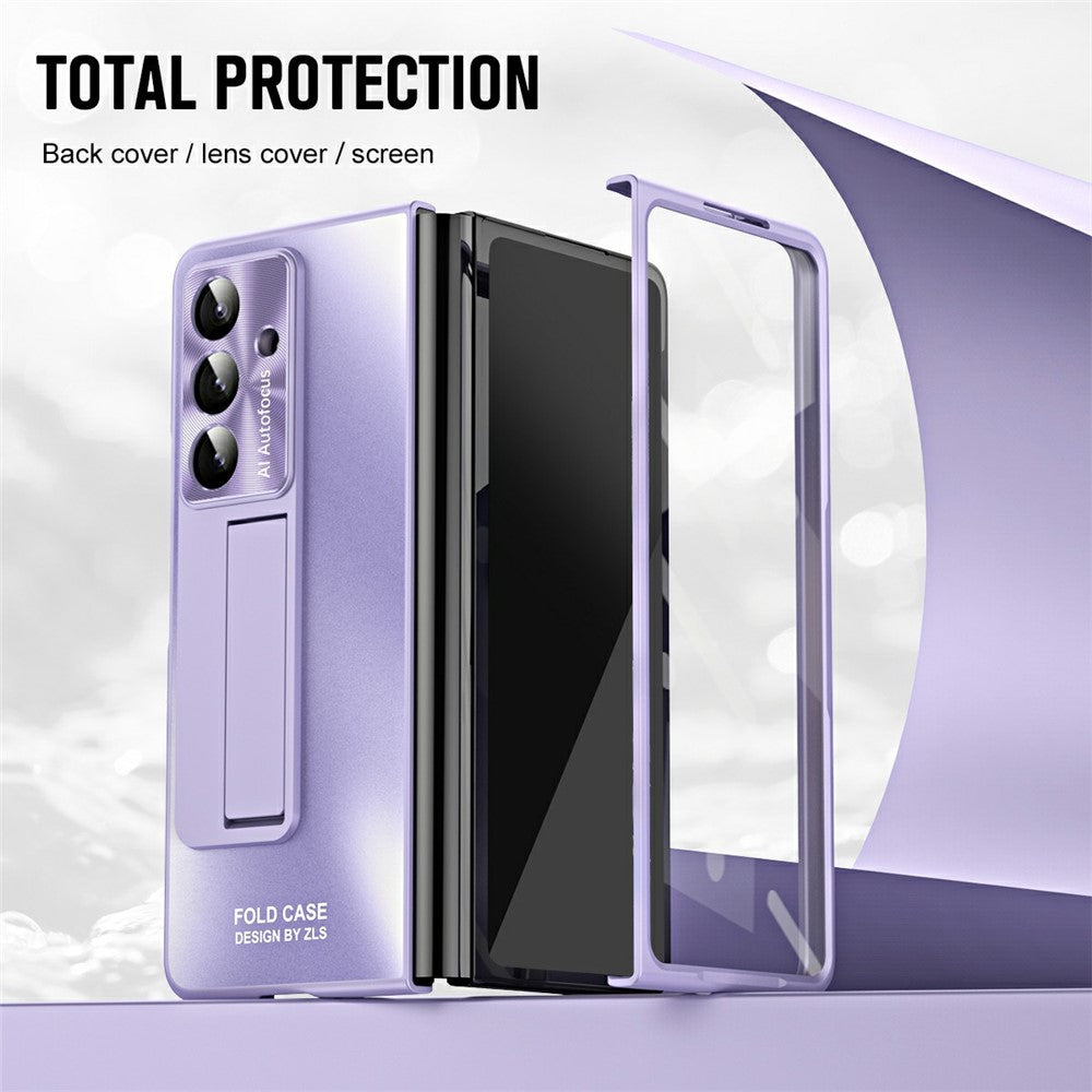 For Samsung Galaxy Z Fold7 5G Case Kickstand Matte PC Phone Cover with Tempered Glass Film - Purple