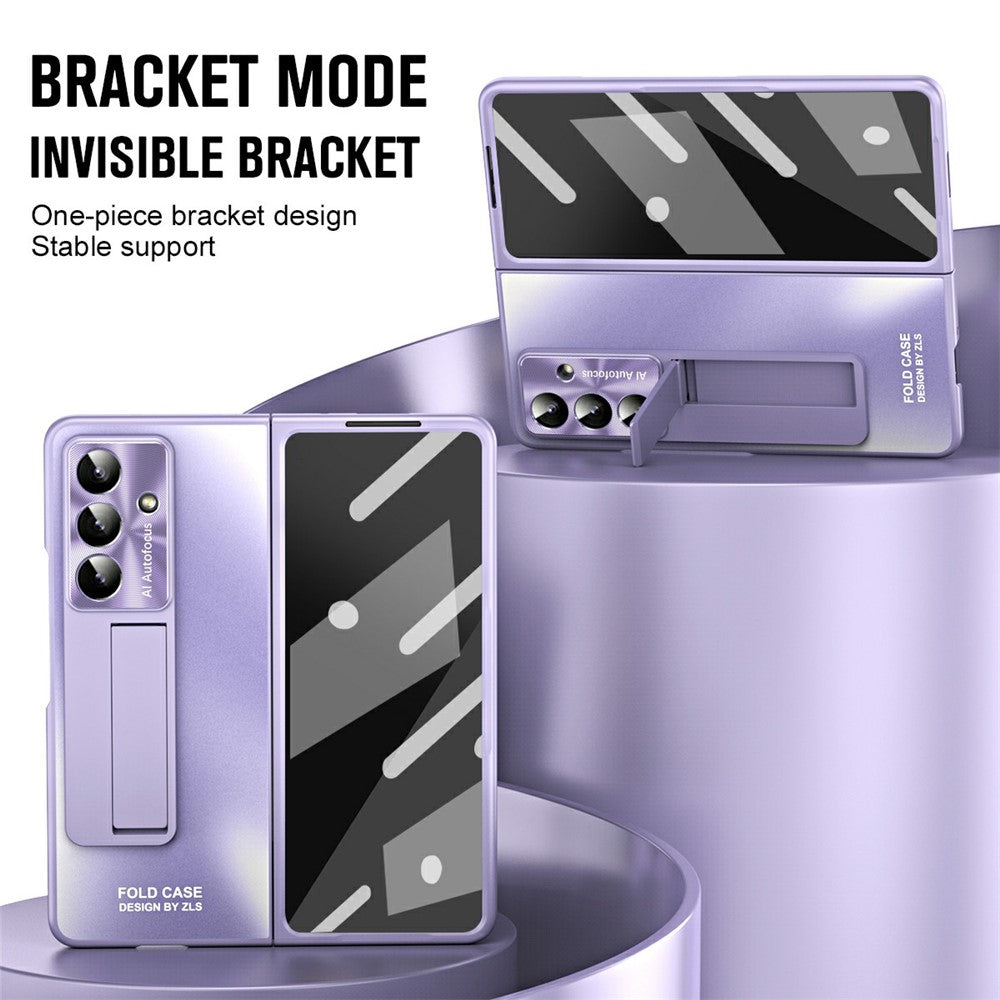 For Samsung Galaxy Z Fold7 5G Case Kickstand Matte PC Phone Cover with Tempered Glass Film - Purple