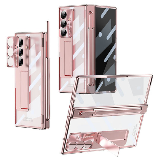 For Samsung Galaxy Z Fold7 5G Case Magnetic Hinge Electroplated PC Phone Cover with Tempered Glass Film / Stylus - Pink